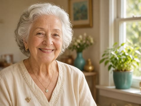 A cheerful elderly woman at home near a sunlit window