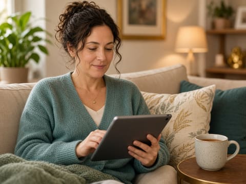 A relaxed adult at home using a tablet for a telehealth visit