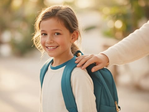 A smiling child with a backpack heading to school in the morning light